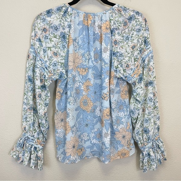 J. Crew Blue Floral Chiffon Crewneck Long Sleeve Spring Crinkle‎ Blouse Size M - Picture 6 of 11